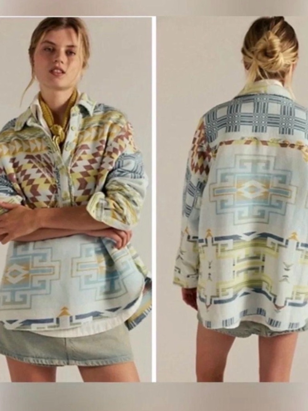 Free People Light Blue Multi Geometric Button-Down Shirt Jacket